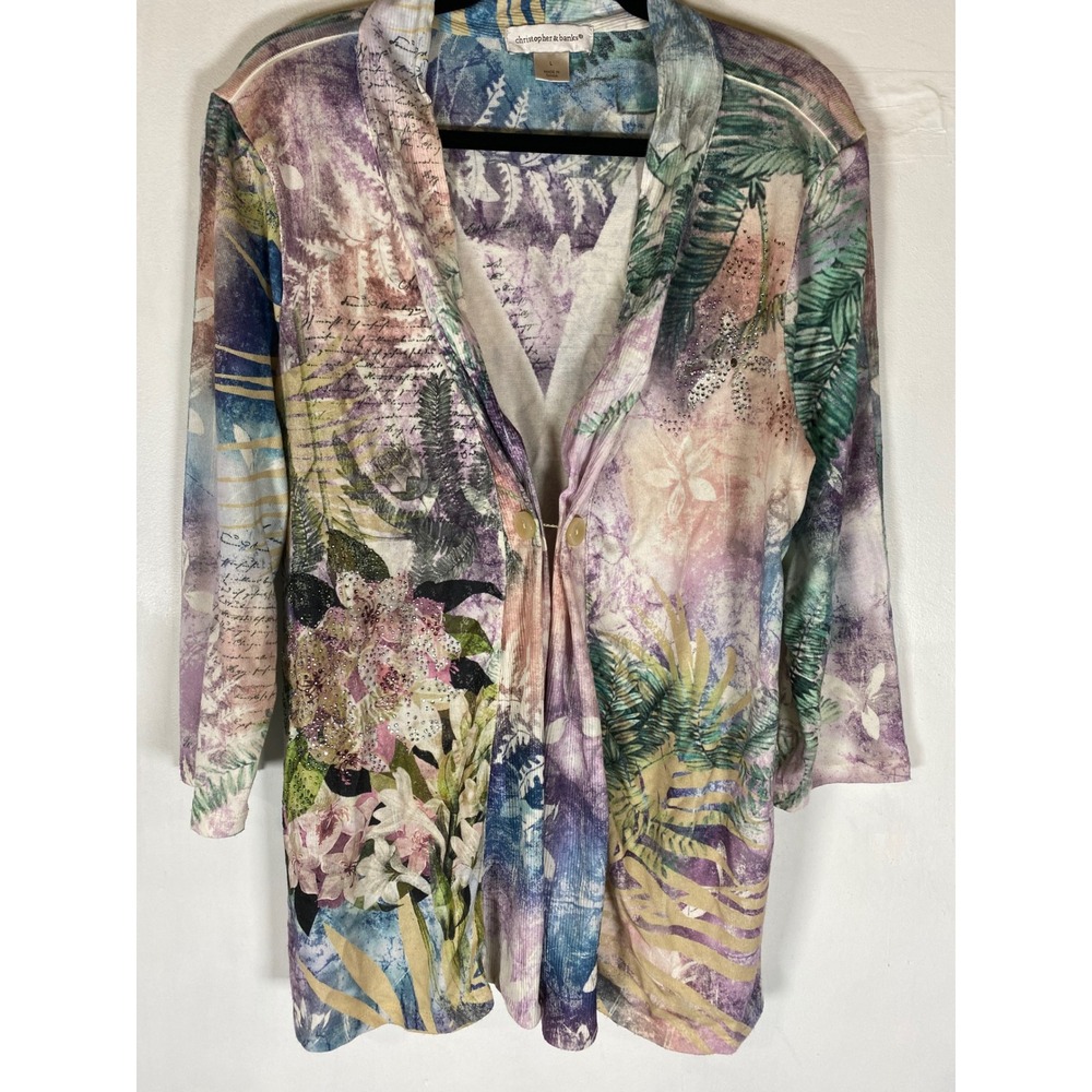Christopher & Banks Floral Rhinestone‎ Script Cardigan 3/4 Sleeve L Grandmacore